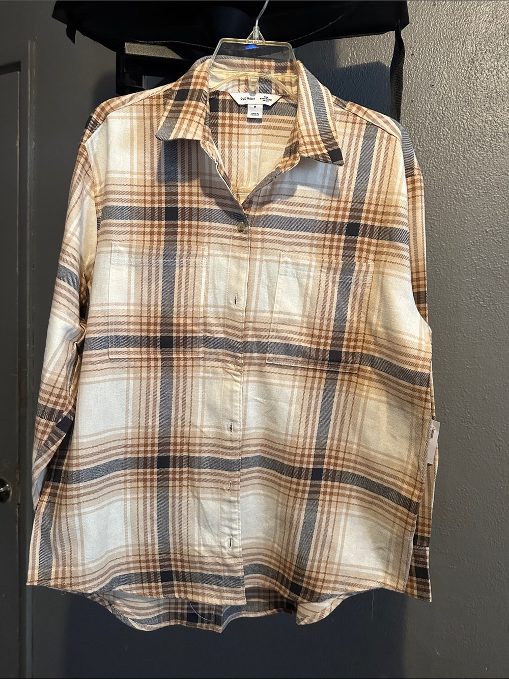 Old Navy Plaid Button-Up Shirt in Cream, Brown and Gray